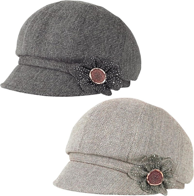 stablerice 2 Pcs Womens Newsboy Cap Women Retro Classic Visor Newsboy Cabbie Cap Beret Hats with Flower Buckle - Image 1